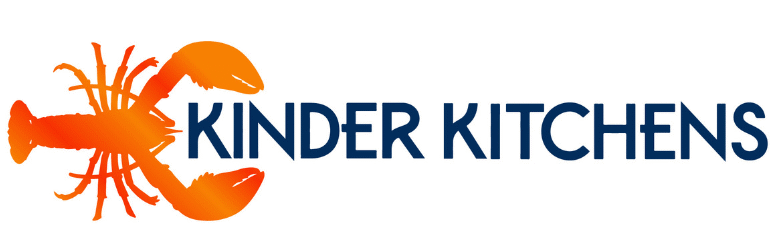 Red and orange gradient lobster, with navy kinder kitchens text